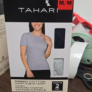 Tahari Size M Grey and Navy 2 Pack of Ribbed Cotton T-Shirts